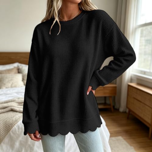 Waffle Knit Sweatshirt Women Scalloped Hem Crewneck Lightweight Sweat Shirt - image 2