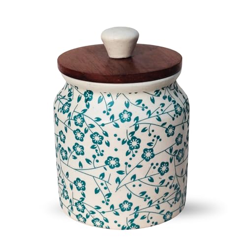 Image of Vistas 'Heritage Green' Airtight 420ml Set of 1 Ceramic Jar for Kitchen Storage | Handcrafted Ceramic Barni with Wooden Lid | Multipurpose Pickle, Spice & Salt Container