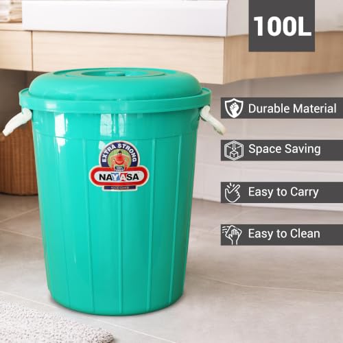 Image of Nayasa Bucket 102 with Lid- 100 Ltrs, Plastic Water Storage Bucket| Unbreakable Multipurpose Storage, Green