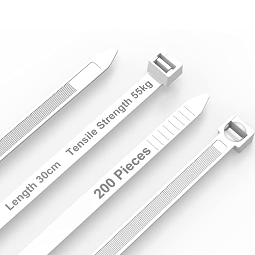 Newbuuloo 200 pièces Attaches de Câble, 7.6mm*300mm Colliers Serrage en nylon anti-UV , Durable et Robuste Résistance à la Traction de 55 kg, Pour gestion câbles, poches à nouer, clôture fixe(Blanc) Cover