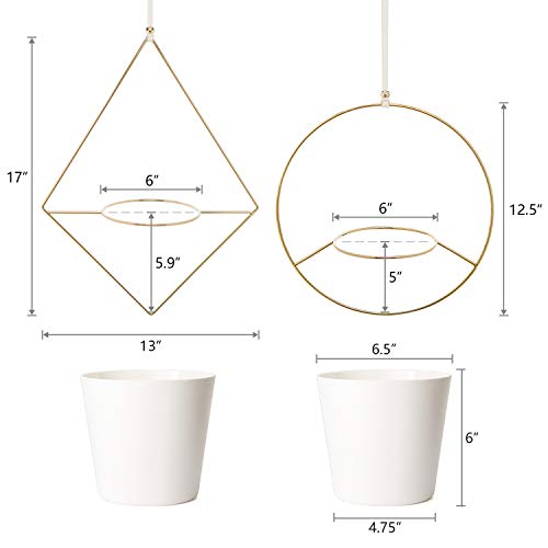 Mkono Boho Metal Hanging Planter With Plastic Pots, Set Of 2 , Modern Mid Century Flower Pot Plant Holder In Diamond And Circle Shape, Fits 6 Inch , Gold #TOP5