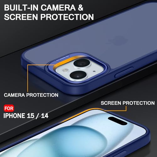 Image of TheGiftKart Hybrid Back Cover Case for iPhone 15 / iPhone 14 | Built-in Stand | Shockproof Hard Case Cover for iPhone 15 / iPhone 14 (PC & TPU, Frosted Matte Back, Blue Sides)