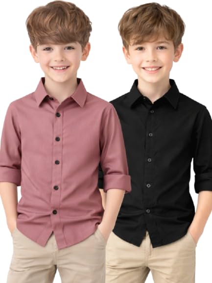 Image of YYQ Pack of 2 Boys Solid Cotton Blend Shirts - Full Sleeve Casual, Soft & Comfortable Spread Collar Shirts for Boys