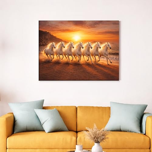 Image of Rousrie Big Size 7 Horses Vastu Frame Wall Art Painting, White Running Horses on Water, Rising Sun Wall Decor, Multicolor (45 cm x 60 cm)