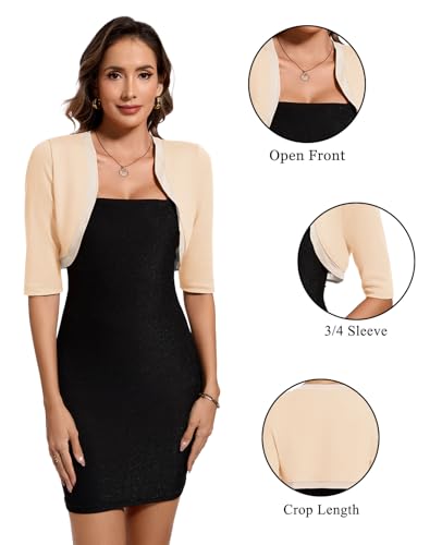 Image of MINTLIMIT Women's Bolero Shrug Top 3 /4 Sleeve Open Front Cropped Cardigan Boleros Jackets for Dresses