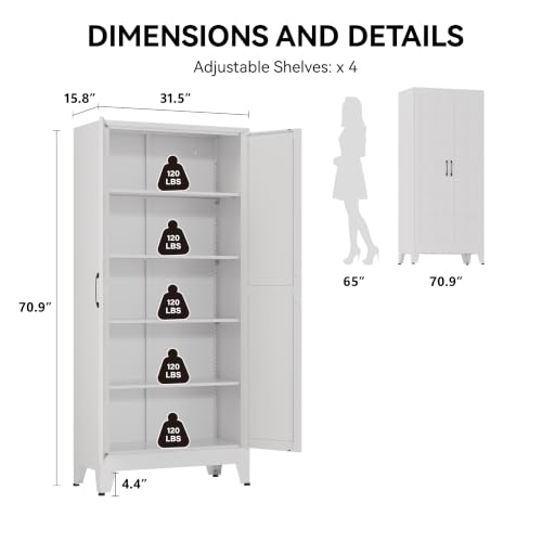 Image of COFaR 71 inch White Farmhouse Pantry Cabinet with Doors and Adjustable Shelves | 5-tier kitchen pantry cabinet with square-panel doors and 4 adjustable shelves for laundry room, office or garage storage.