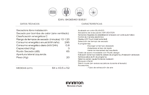Miniatura 5 de Infiniton Secadora Sd-3m Evacuación Capacidad 3kg Sensores Led Funcion Anti-Arrugas Clase Energética C 5 Programas Bloqueo Infantil