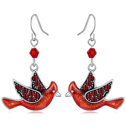 Fun Cardinal jewelry Red Bird Dangle Earrings Silver Plated Dangling Christmas Earrings Gifts Holiday Party Decorations with Message Card & Velvet Bag