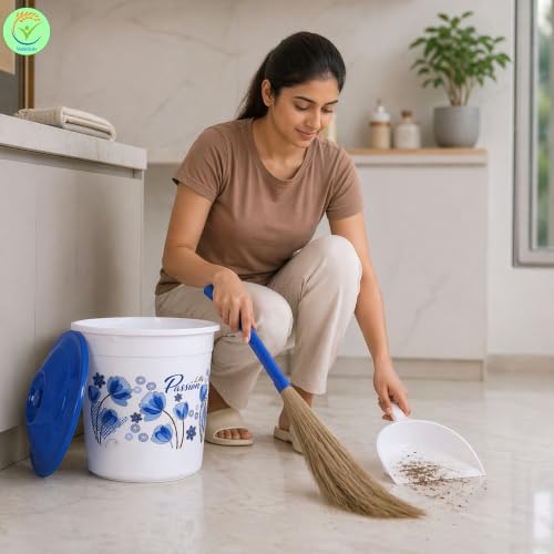 Image of Heavy Duty Virgin Plastic Large Capacity 16 L Bucket, 5 L Bucket, Patla, Deep Tub, Dustbin, 1.5 L Mug, 1 L Mug, Soap Case, Dustpan, Tooth Brush Stand Bathroom Set (White Blue, Queen)