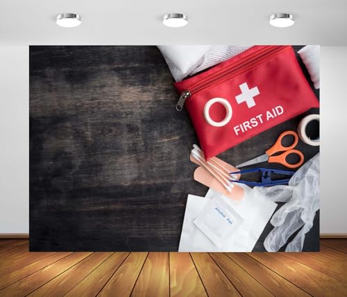 BELECO 7x5ft Fabric Medical Healthcare Backdrop First Aid Medical Kit on Brown Wooden Board Background Doctor Nurse Theme Party Decorations Banner Photoshoot Studio Props