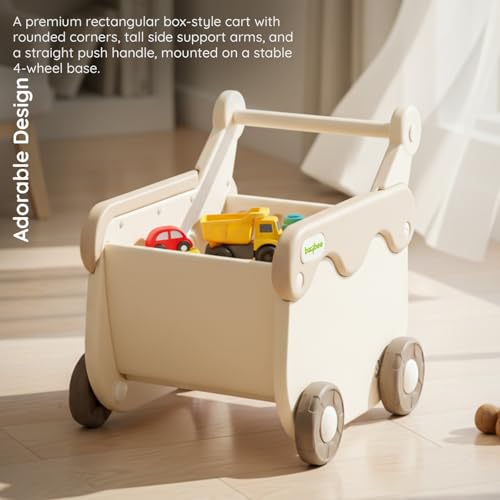 Image of Baybee 2 in 1 Push Walker with Shopping Cart for Kids | Smooth Rolling Wheels, Rounded Edges, WideToy Storage Organizer | Walking Support for Baby Boys & Girls 0-3 Years (White & Brown)