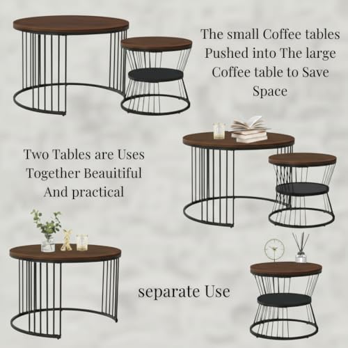 Image of Round Coffee Table Set of 2 for Living Room Wooden Top with Black Metal Frame Modern Nesting Center Table for Sofa Area Home & Office Furniture (Black Brown)