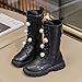 Girls Mid Calf Lace-Up Riding Boots with with Pearls Ball, Side Zipper Basic Leather Combat Boots Fashion Punk Goth Boot