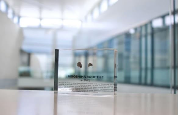 Image of Authentic Hiroshima Tile Artifact Display, Encased in Crystal-Clear Lucite Acrylic, Handmade in the USA, From Hiroshima Site, For Display or Education Purposes, Unique World War II Relic
