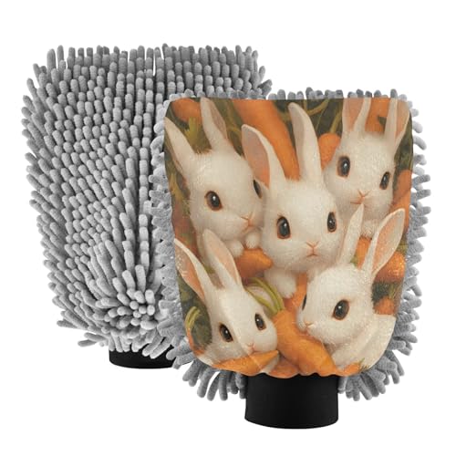 STAYTOP Rabbit and Carrot Car Wash Mitt Microfiber, 2Pcs Scratch Free Lint-Free, Premium Chenille Microfiber Mitt Car Wash Brush-L