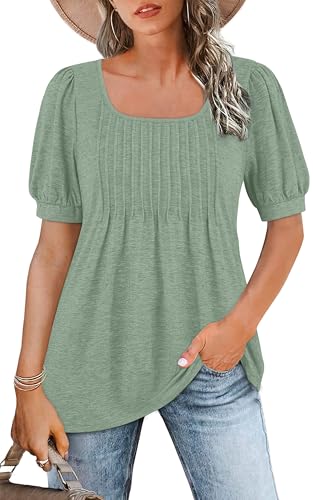 WNEEDU Tshirt Damen Sommer Bluse Kurzarm Quadratischem Ausschnitt Oberteile Damen Sommer Tunika T-Shirt Plissee Tops mit Puffärmel Lässige Flowy Elegant Erbsengrün L