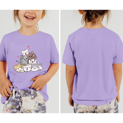 Image of KEEVICI Cute Cartoon Cat Shirts for Girls Kids Graphic Tees Kawaii Animal Pattern T Shirt Cotton Crewneck Summer Loose Tops