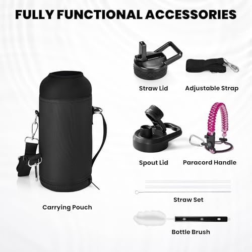 Image of RAYMYLO Insulated Water Bottle 32 oz, Triple Wall Vacuum Stainless Steel (Cold for 24Hrs, Hot for 12Hrs), Leak Proof & Non-BPA, Modern Water Flask Jug with Paracord Handle & Straw Spout Lids