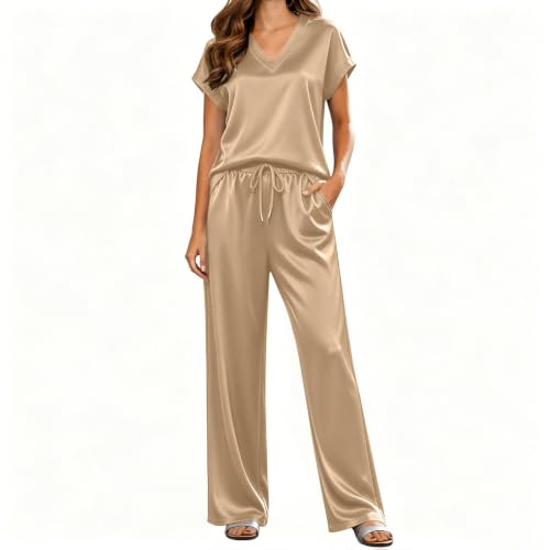 Womens Satin Pajamas Set Silk Loungewear V Neck Top and Pants - image 1