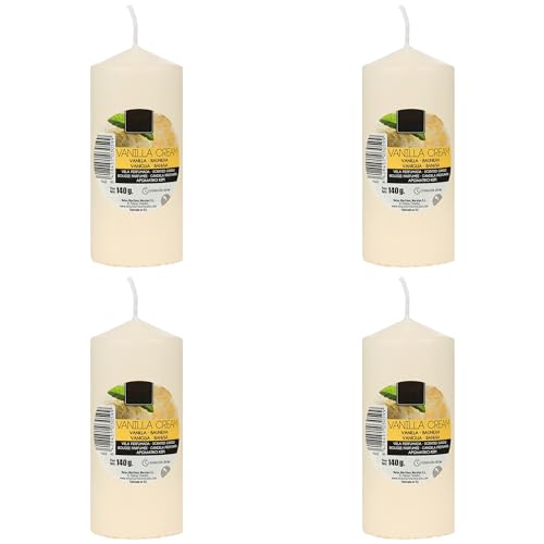 Set de 4 Candele Profumate Crema alla Vaniglia, Candela Beige a Colonna Profumada 11x4.7cm, Candela Profumada 25 Ore di Combustione
