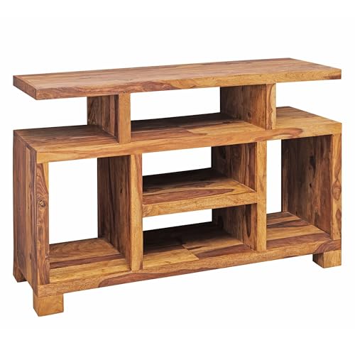 FineBuy Sideboard Sheesham Massivholz 115 x 76 x 40 cm Landhaus-Stil, Fernseh-Kommode mit Staufächern, TV-Schrank Anrichte Echt-Holz mit 4 Standbeinen Braun