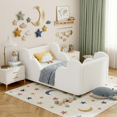 DoCred Toddler Bed with cloud guardrails and velvet upholstery