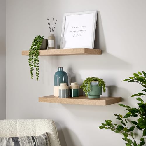 Home Source Pair of 2 Floating Wall Mounted Storage Shelf Wooden DVD Book Shelves, Sonoma Oak Effect, 60cm