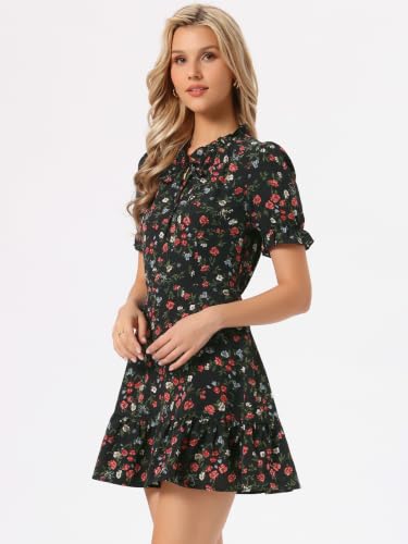 Image of Allegra K Womens Floral Chiffon Mini Dress Ruffle Hem Puff Short Sleeve