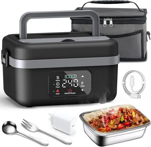 Wireless Portable Electric Lunch Box, Food Warmer Heater Adult with Fork Spoon Carry Bag, Cordless Waterless Heating, Thermal Stainless Steel Lunch Box Insulated, Bento Lunchbox, Office/Camping/Travel