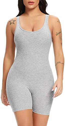 Fanuerg Women's Sexy One Piece Sleeveless Tank Top Ribbed Bodycon Rompers Shorts Jumpsuit Grey M