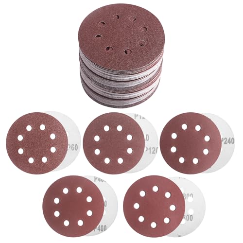 Disque Abrasif 125mm, 50 Pièces Grain 60/120/240/400/800, Disques de Ponçage 8 Trous pour Ponceuse Excentrique Poncer/Polir/Dérouiller, sur Bois Métal...