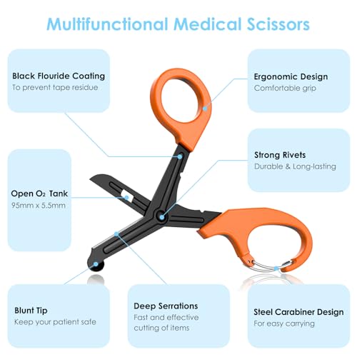 MOVOCA Medical Scissors with Carabiner - 7.5\" Bandage Scissors Trauma Shears, Fluoride Coated Non-stick Blades Stainless Steel EMT Shears for Doctor, Nurses, Nursing Students, EMT, EMS - Thumbnail 2