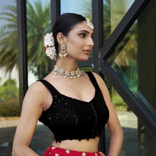 Image of Vihu Fashion Women's Readymade Fancy Potli Pattern Blouse Embroidery Lucknowi Work Sequence Work Indian Ethnic Designer Sleeveless Blouse Readymade Sweetheart Neck Blouse Women Blouse