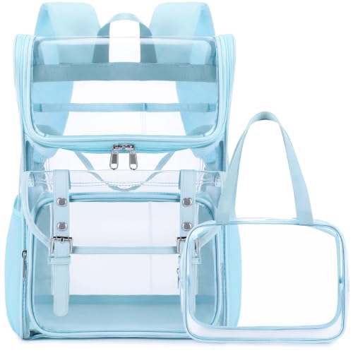 Image of DIGOBAY Clear Backpack with Lunch Bag, Leather Clear Bookbag Heavy Duty | Thick PVC Clear Backpack for Girls Women See Through Transparent Backpacks for Stadium Events College Travel Work, Aquamarine