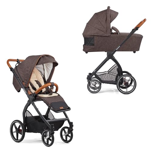 Gesslein Kinderwagen FX4 Swing mit Babywanne Panorama Lyx (Kinderwagen 3 in 1, Liege- & Sitzoption, Sportwagenaufsatz, individuell einstellbar, hoher Komfort, geringes Packmaß, Handbremse), Braun