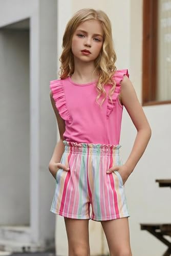 Image of Arshiner Girls Clothes Summer Outfits Ruffle Sleeve Tops and Paperbag Waist Shorts with Pockets Kids Clothing Set