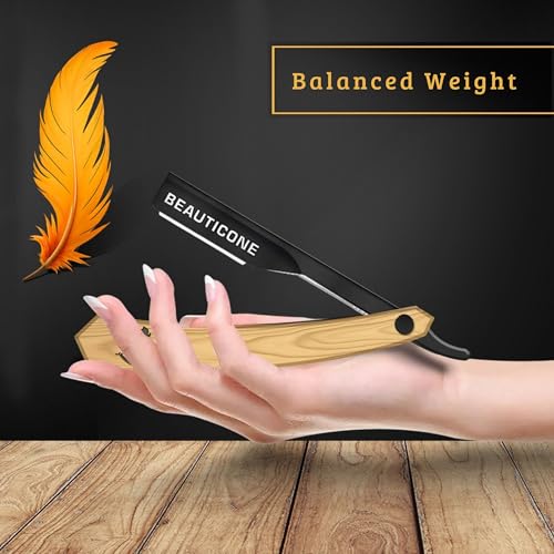 Image of BEAUTICONE Straight Razors for Men, Straight Edge Razor, Single Edge Replacement Blades, Stainless Steel, Barber Razor for Men's Shaving, Barber Shaving Knife (Ash Wood)