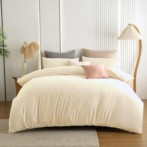 Soifox King Size Duvet Cover Set - Cream Bedding Set KingSize Bed with Zipper Closure, Soft Microfiber Quilt Cover with 2 Pillowcases