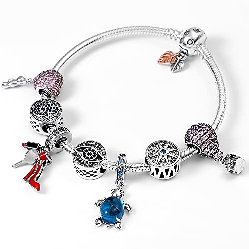Kunsir Charm Bracelet Fit Charms- 925 Sterling Silver Basic Snake Chain Bracelet For Women Girls, Iconic Bracelet With Lucky Leaf Cubic Zirconia Sparkling Round Clasp Charm Clear Cz #TOP4