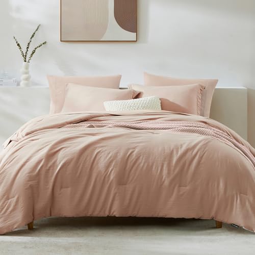Image of Queen Comforter Set-7 Pieces Soft Prewashed Bed in a Bag Queen Bedding Sets | All Season Comforter with Sheets, Pillow Shams & Pillowcases,Clay Pink