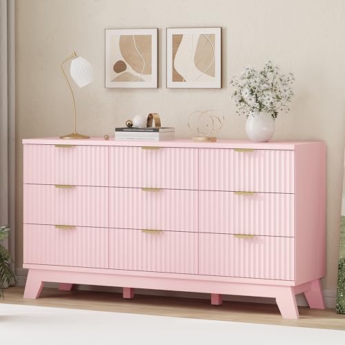 Image of Xixini Fluted Dresser for Bedroom with 9 Drawers, 57 inch Wide Modern Chest of Drawers with Metal Handle, Wooden Dresser TV Stand, Wood Closet Clothes Storage Organizer for Living Room, Hallway, Pink
