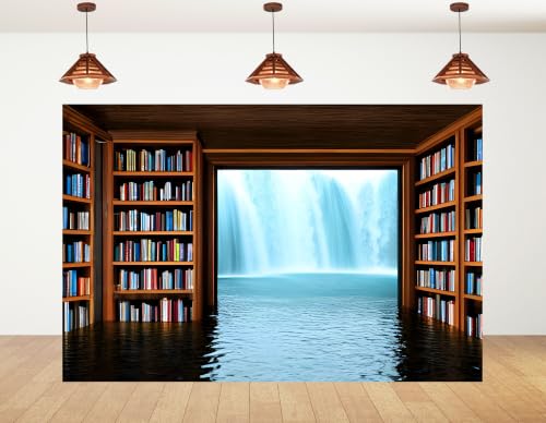 5x3ft Flooded Library Waterfall Backdrop Wooden Bookshelf Color Book Huge Waterfall Window Background Tapestry Party Surreal Study Scene Home Wall Decorations Photo Booth Props