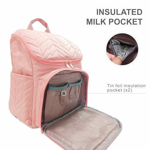 Image of Motherly Quilted Diaper Bag for Mothers for Travel, Maternity Bag for Newborn Baby, Mothers Travelling Bag, Multiple Pocket Backpack for moms, Water Resistant Baby Bag for moms with Warranty(Pink)