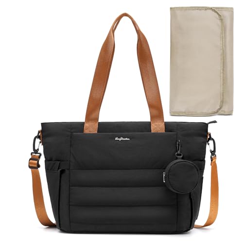 LONG VACATION Diaper Bag Large Baby Diaper Tote Waterproof Travel Tote with Pacifier Case And Changing Pad (Black-brown)