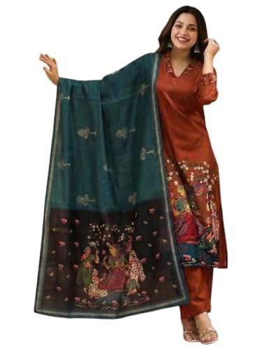 Image of GoSriKi Women Viscose Blend Printed Straight Kurta with Pant and Dupatta | Ladies Kurta Pant Dupatta Set | Women Ethnic Wear Dress | Indian Traditional Clothing for Girl