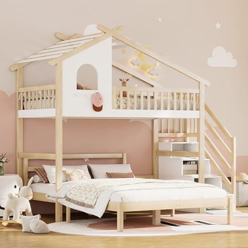 Kelodan Cama alta, 90 x 200 cm, bajo cama 140 x 200 cm, barandilla, escalera de almacenamiento, ventana, listón de casa, color blanco + natural
