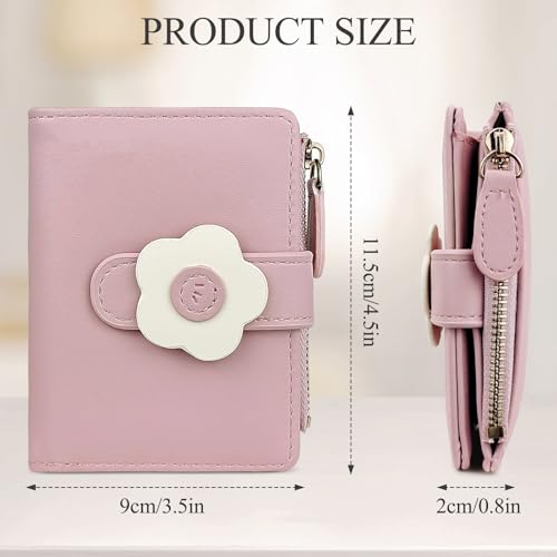 Small Wallets for Woman, Flowers Print Cute Wallet Fashion Bifold Leather Wallet with ID Window and Zipper Pocket (Pink)2