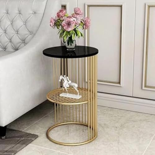 Image of Furniture Cafe Modern Round Side Table with White Marble Top & Golden Metal Frame - End Table with Storage Shelf for Living Room & Bedroom