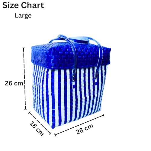 Image of Hand Made Multipurpose Plastic Basket with Lid | Eco-Friendly, Washable, Rust-Free Storage Basket for Kitchen, Picnic, Toys, Travel, Office | Lightweight basket (White with Blue, L)