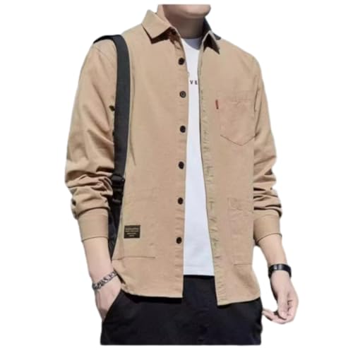 Men Casual Shirt Business All-Match Men Linen Shirt Temperament Loose Vintage Men Longsleeve Tops Disc Buckle Classic Men Solid Color Shirt K-Khaki M